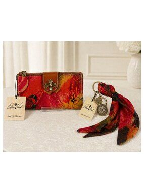 Patricia Nash Leather Floral Wallet + Matching Scarf Charm Keychain Set NWT